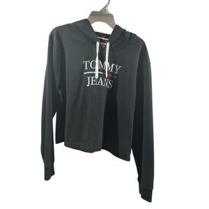 Tommy Hilfiger Women`s Cropped Hoodie Pullover Flag Logo Size L Black